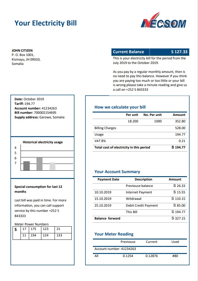 Somalia NESCOM Company electricity utility bill template in Word and PDF format